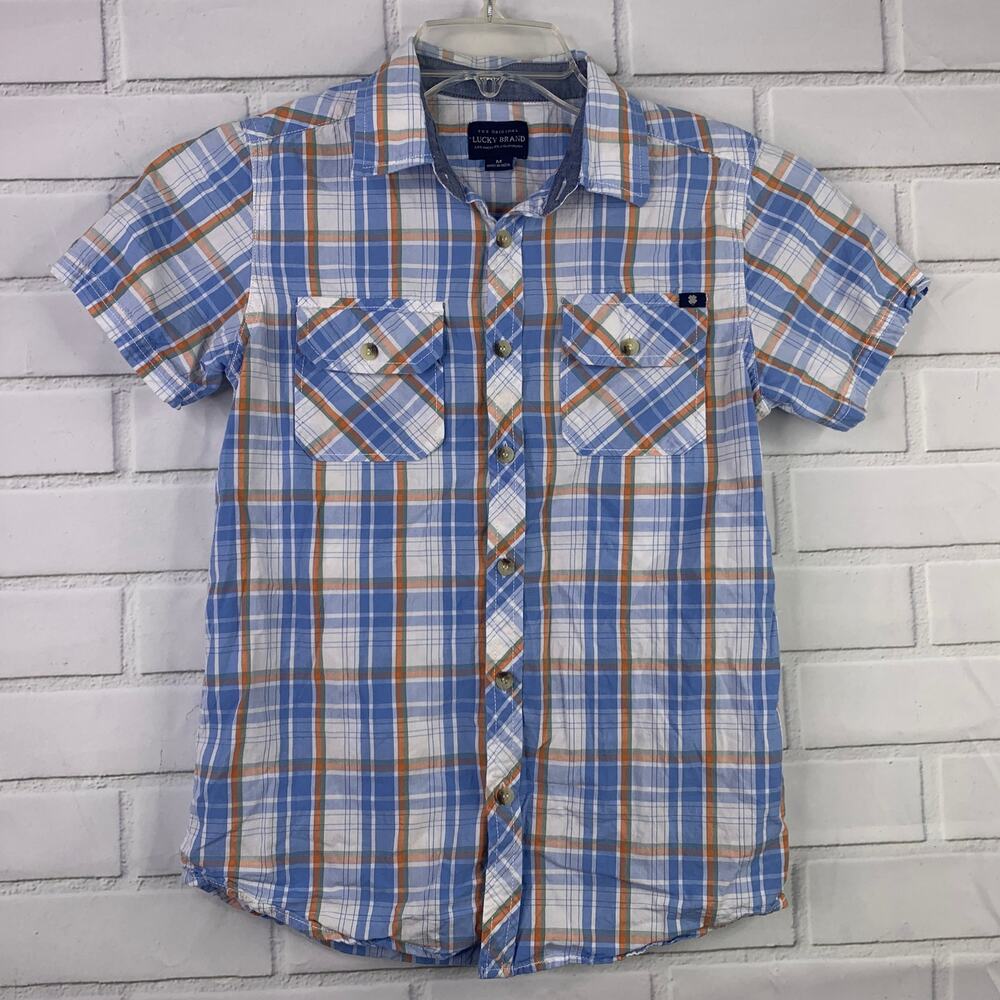 Lucky Brand shirt boys button front short sleeves blue plaid size medium